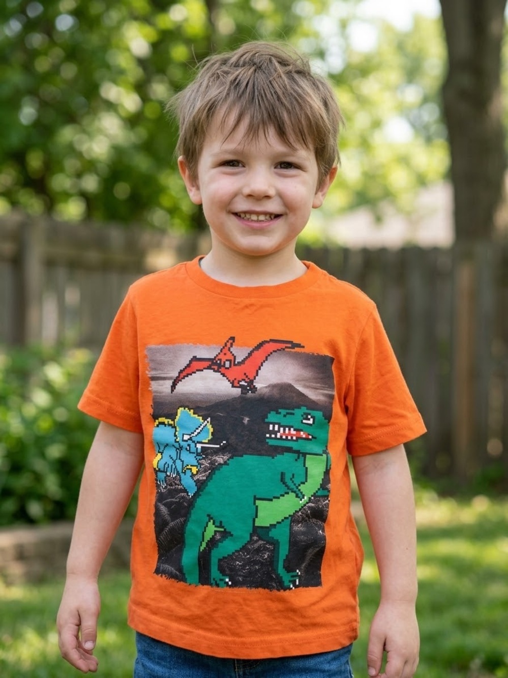 George Orange Dinosaur Pixel Graphic Tee